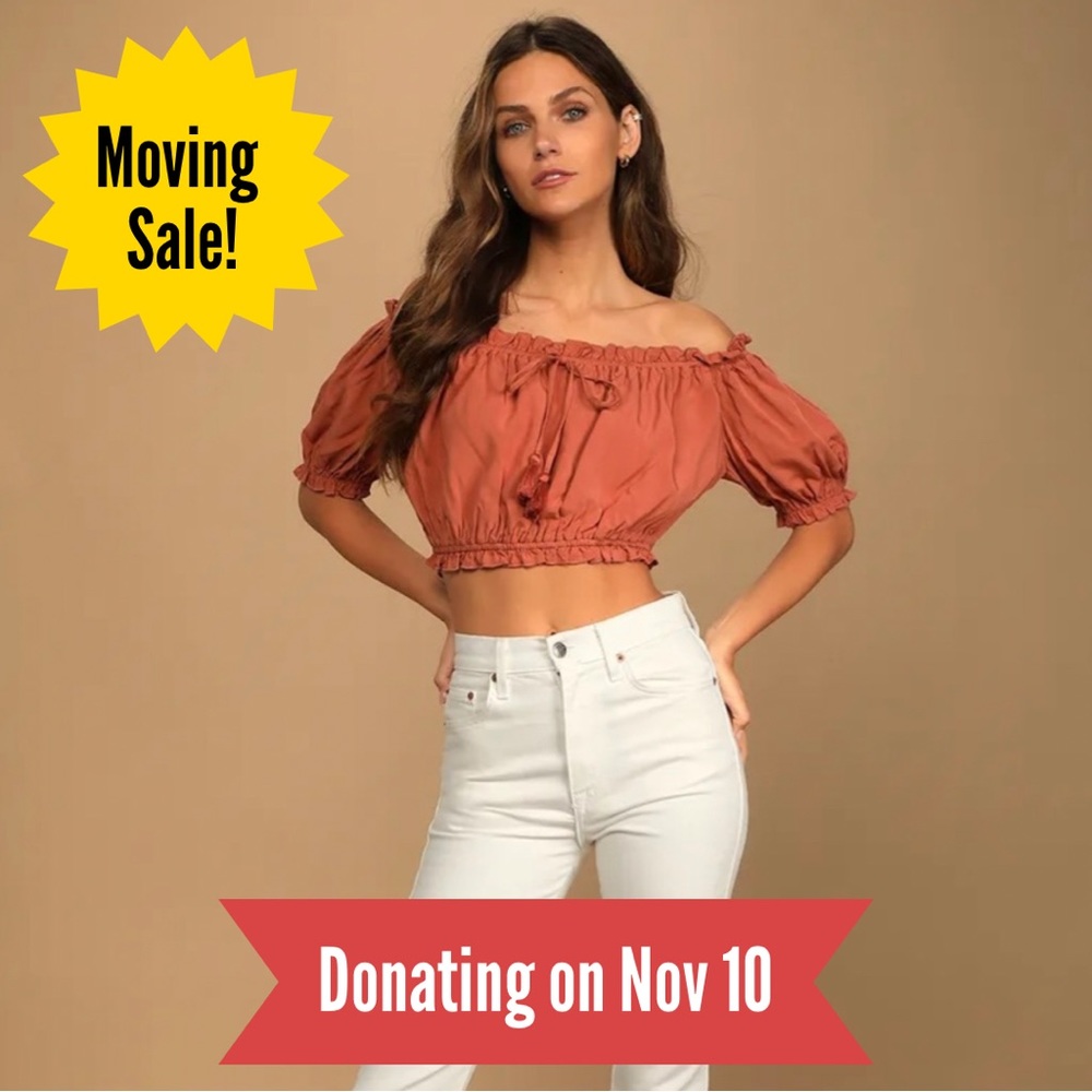 Summer Feeling Terracotta Ruffled Off-the-Shoulder Crop Top